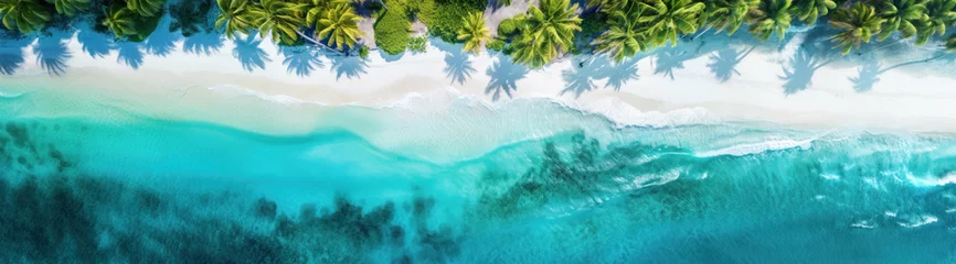 Fototapeten Aerial view of a tropical beach with palms, white sand and crystal clear turquoise ocean water washing the shore © Denniro