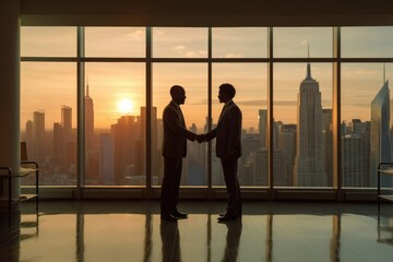 Fototapeta na wymiar silhouette two businesspeople firmly shaking hands in office