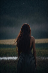 Image hora the wolf under heavy rain in girl form, long hair, view from behind, lightning, open field space, dark clouds - obrazy, fototapety, plakaty
