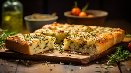 Focaccia, a rustic Italian bread, olive oil glistening on its dimpled surface, topped with fragrant rosemary and flakes of sea salt. - obrazy, fototapety, plakaty