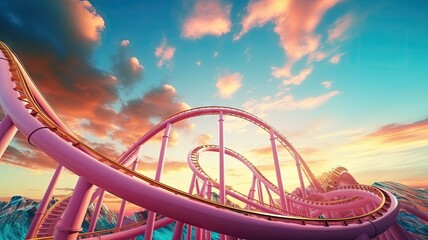 Pastel roller cPastel roller coaster on the high with sky background.oaster on the high with sky background. - obrazy, fototapety, plakaty