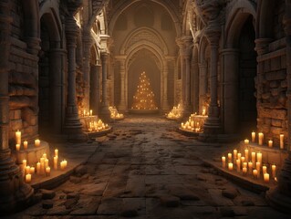 Obraz premium Candles illuminate the passage in the dungeon along the stone path