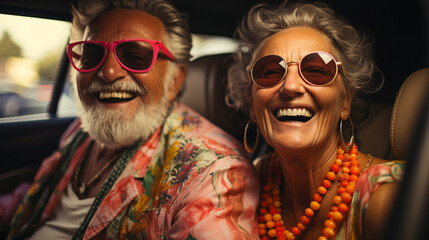 Obraz premium Elderly happy couple driving a car.