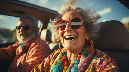 Elderly happy couple driving a car. - obrazy, fototapety, plakaty