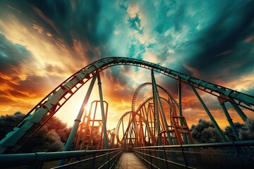 Fototapeta na wymiar Roller coaster on the high with sky background.