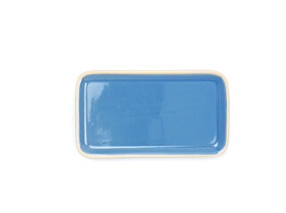Top view, empty blue rectangle ceramic plate isolated on a white background. Use for home or restaurant, food design. Kitchen accessory. .