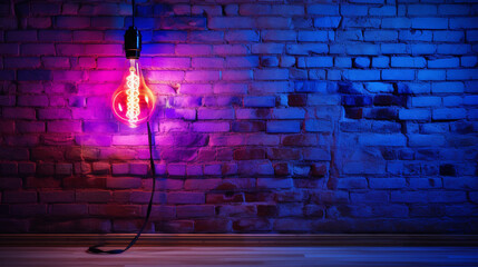 light bulb on wall, Neon lights with a modern twist creating a striking contrast against an antiquated grunge brick wall room background,Ai Generate 