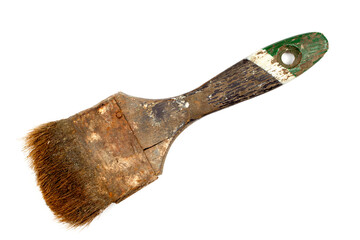 An old paint brush isolated on a white background. An old dirty brush.