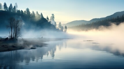 View from the height of the forest and lake in the fog.Aerial view. Panoramic shot