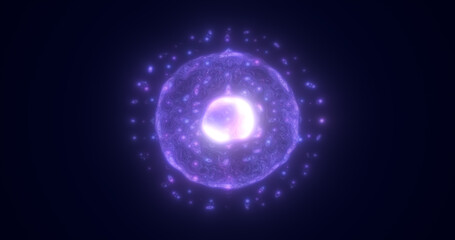 Blue energy glowing sphere futuristic atom from electric magic particles and energy waves background