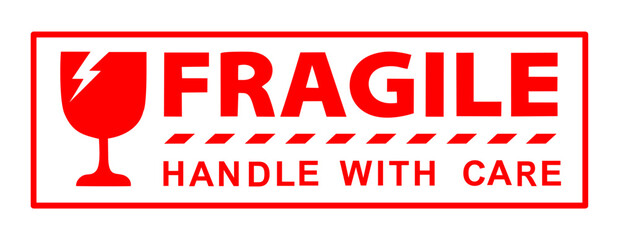 sticker fragile handle with care, red fragile warning label, fragile label with broken glass symbol - obrazy, fototapety, plakaty