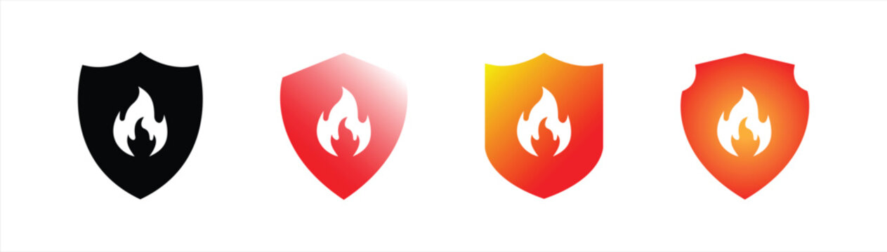 fire shield icon set. shield fireproof, protect fire icon symbol sign collections, vector illustration