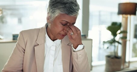 Business woman, pain and headache in office with anxiety, vertigo and crisis of brain fog, 404 glitch and fail at laptop. Frustrated mature entrepreneur at computer with stress, fatigue and migraine