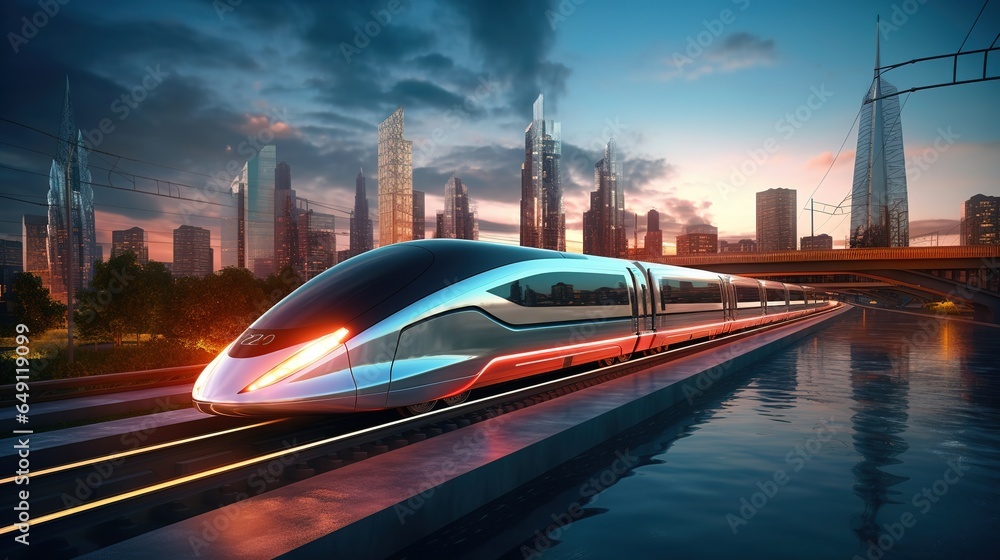 Poster futuristic high-speed rail in action: connecting cities with speed and efficiency