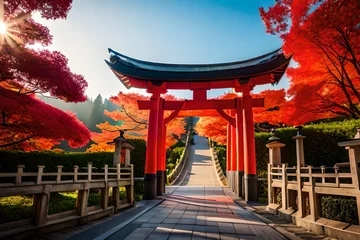 Foto op Plexiglas japanese temple, A Traditional Japanese Torii Bathed in Autumn's Fiery Embrace, A Shinto Shrine Beckons Through a Blazing Torii Gate, A Journey Through a Tunnel of Crimson Leaves,A Solitary Torri. © Ahmad