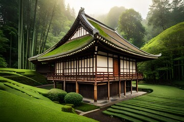 Fototapeta premium Traditional Japanese House in Lush Green Garden