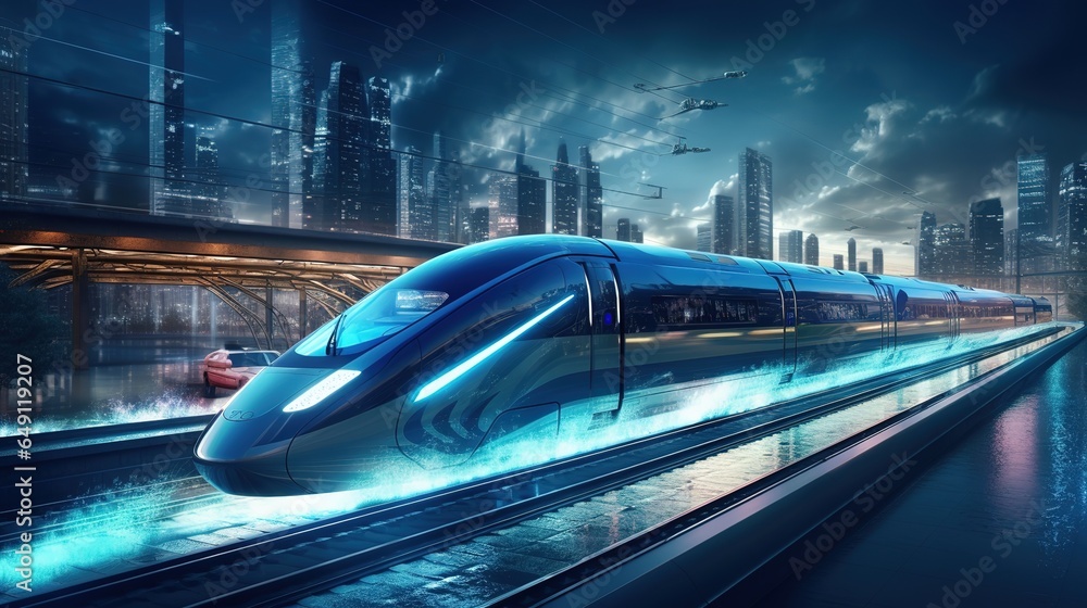 Poster futuristic high-speed rail in action: connecting cities with speed and efficiency