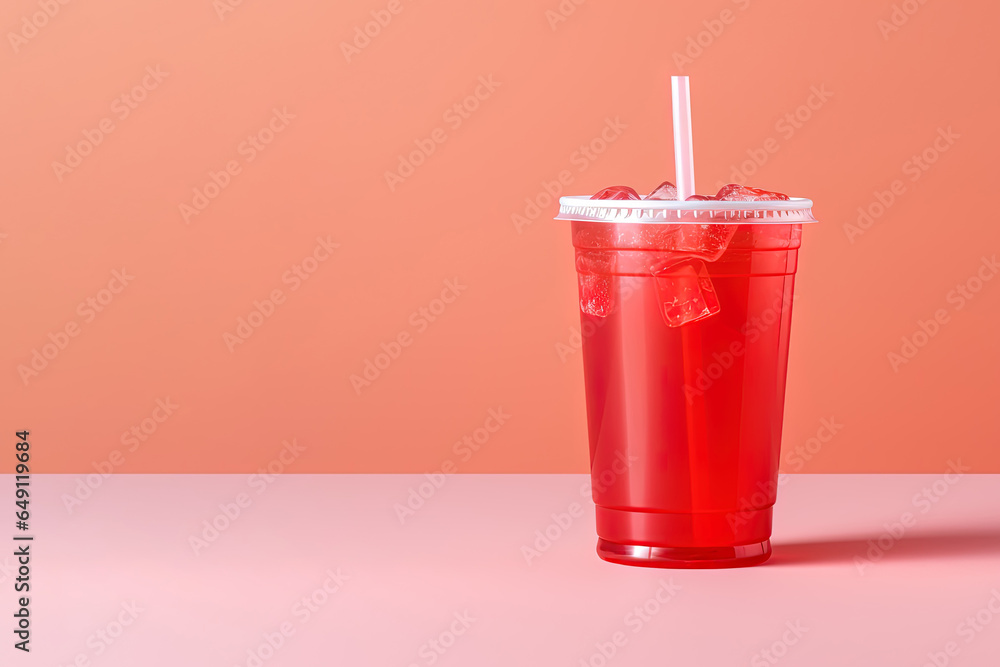 Wall mural Red drink in a plastic cup isolated on a red pastel background. Take away drinks concept with copy space