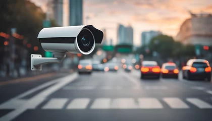 Papier Peint photo Lavable TAXI de new york traffic cctv in the city, Surveillance camera, street in a big city at night with bokeh lights, Security CCTV camera monitoring system, CCTV security camera on blur city road, security camera stock 
