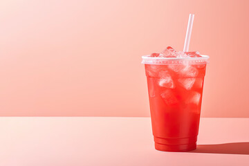 Red drink in a plastic cup isolated on a red pastel background. Take away drinks concept with copy space