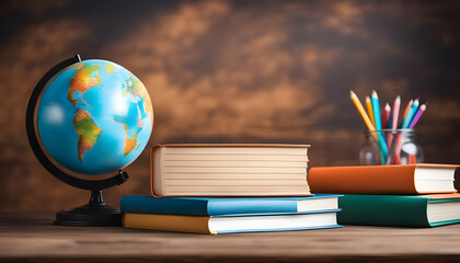 Studying concept, books globe and notebook on the wooden background, Pile of books and globe with pencils in basket container on wooden table, International education day theme background stock images