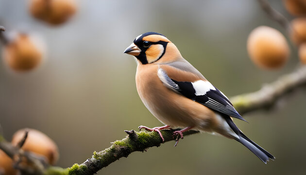single Hawfinch stock photo, Massive hawfinch, coccothraustes coccothraustes, sitting on tree branches stock images 
