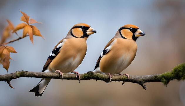 Two Hawfinch stock photo, Massive hawfinch, coccothraustes coccothraustes, sitting on tree branches stock images 
