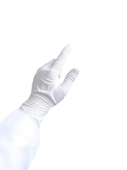 Doctor's hand wearing gloves, hand wearing gloves, sterile hand, doctor's hand about to perform surgery, Doctor's hand showing index finger, the background of the image is white