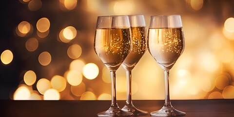 Champagne glasses against holiday lights and new year fireworks