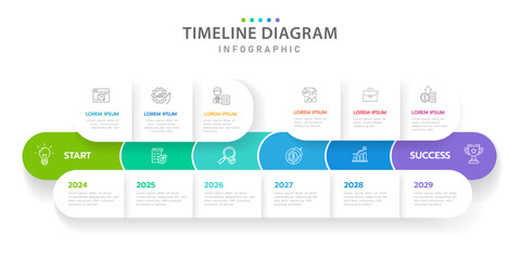 Infographic template for business. 5-6 Steps Modern Timeline diagram with roadmap and rounded rectangle topic charts, presentation vector infographic.