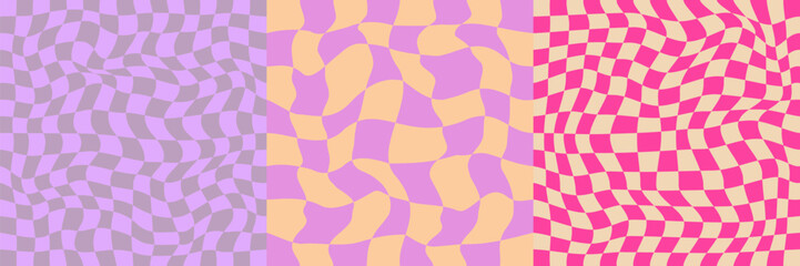 Pattern Psychedelic checkerboard set. Groovy retro checkered texture. Psychedelic playful background. Retro graphic y2k design. Vector illustration