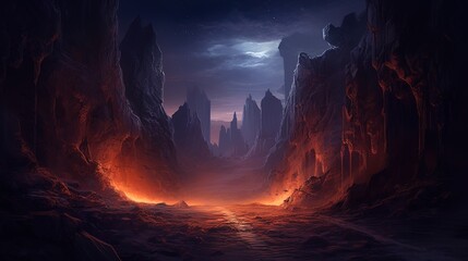 Glowing portals and old steep cliffs in desert at night