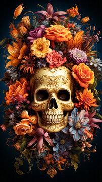 mexican katrina skull decorated with flowers typical of the dia de los muertos mexico
