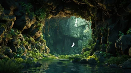 Fotobehang Fantasie landschap illustration of two caves are covered with moss high in the mountains. Tunnel in the rocks, Entrance to the ancient cave, wildlife, beauty of nature, thickets, Grotto
