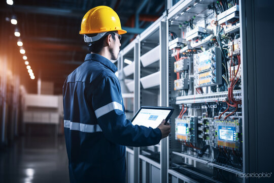 Electrical Engineer team working front control panel, An electrical engineer is installing and using a tablet to monitor the operation of an electrical control panel in a factory service room
