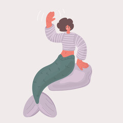 Vector illustration of mermaid girl wave to you on seashore. Mermaid wearing glasses on the ocean against the background of rocks.