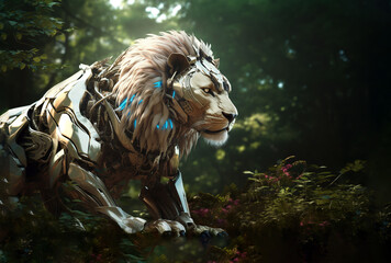 Obraz na płótnie Canvas Image of male lion gundam robot technology an ectronic in the forest. Wildlife Animals. Generative AI. Illustration.