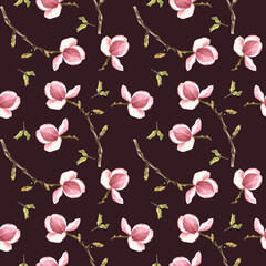  Watercolor Seamless Pattern. Hand painted illustration of blooming purple Magnolia flowers and leaves. Floral design isolated on dark background for your print, textile, wrapping, wallpaper, cover.