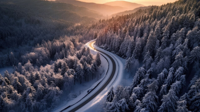 Aerial View Of Curvy Windy Road In Snow Covered Forest. Generative Ai