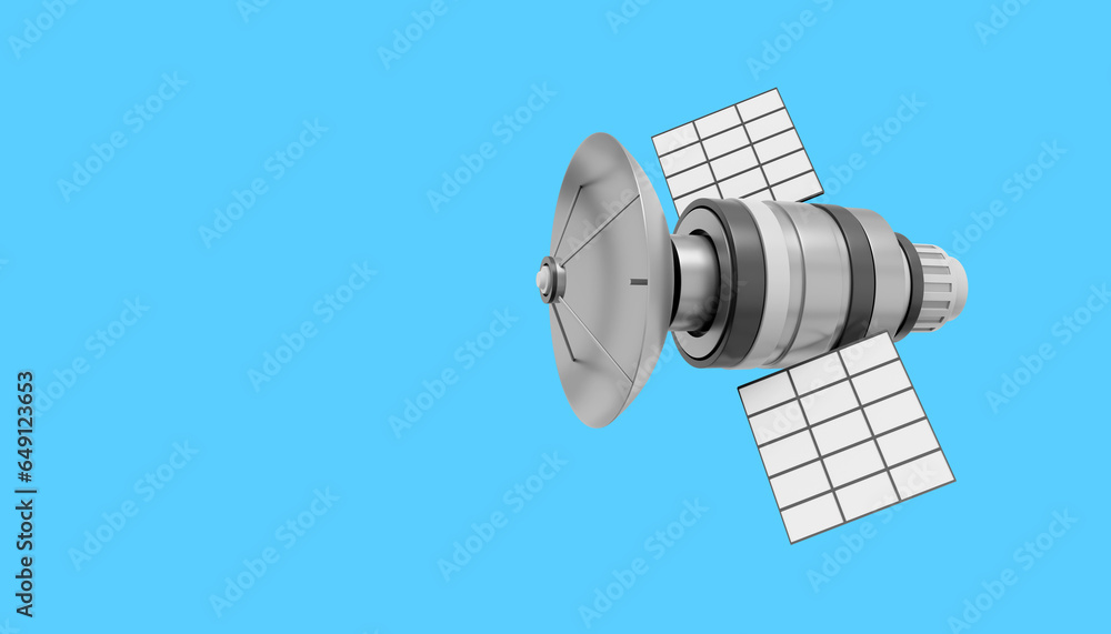 Poster space satellite with an antenna. orbital communication station intelligence, research. 3d rendering.