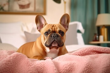 Cute French bulldog in a bedroom, closeup.