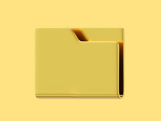 Empty computer folder gold metal, side view. 3d rendering. Icon on yellow background.