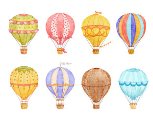 Cute Hot air balloon set. Watercolor retro childish illustrations isolated on white.