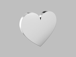 Flat metal heart. Silver one color. Symbol of love. On a plain gray background. View left side. 3d rendering.