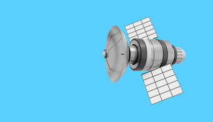 Space satellite with an antenna. Orbital communication station intelligence, research. 3D rendering. Realistic metallic icon on color background with space for text.