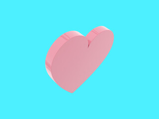 Flat heart. Pink single color. Symbol of love. On a blue monochrome background. Top view. 3d rendering.