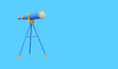 Multicolored telescope. 3d rendering. Icon on blue background, space for text.