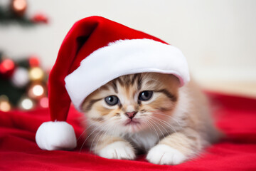 Obraz na płótnie Canvas Cute little festive kitten wearing a Father Christmas santa hat