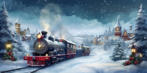 19th century train going throw a village in winter with a snow background. - obrazy, fototapety, plakaty