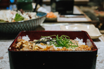 Katsu with rice on a rectangular plate. Japanese food. Selective focus.